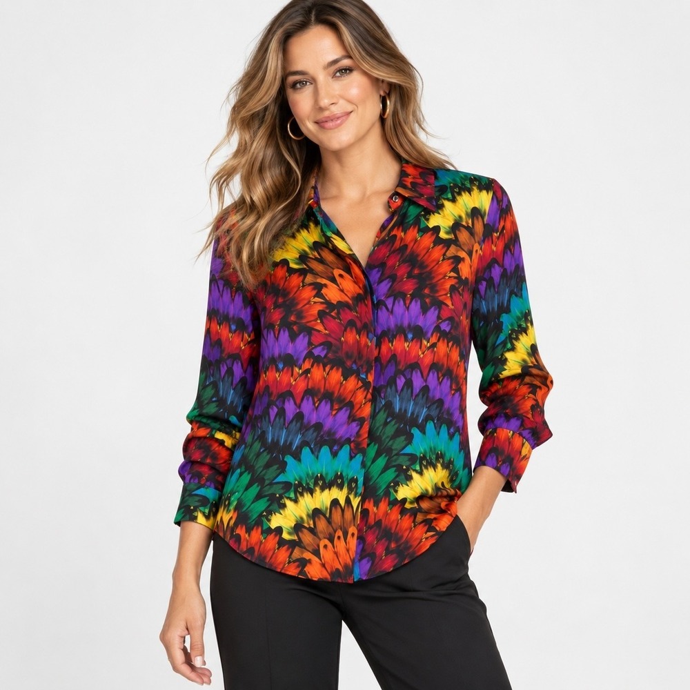 Alice + Olivia Feather Print Button Up Blouse XS Colorful Rainbow Maximalist